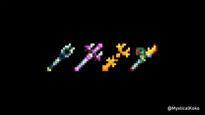 Four pixel art spears with unique designs.