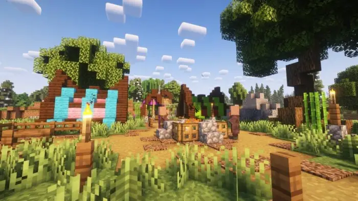 Colorful village with new buildings and loot