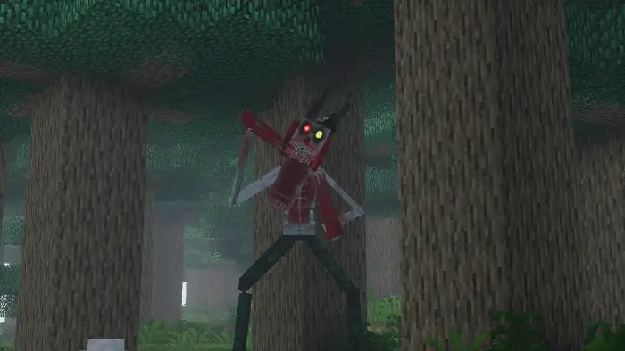 Distorted clown with glowing eyes in forest