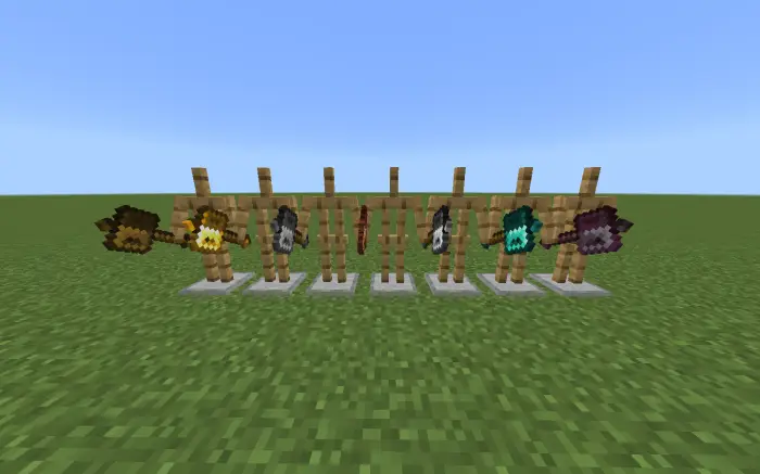 Seven maces displayed on armor stands