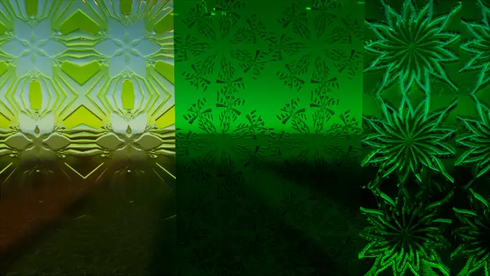 Three panels of glowing, floral glass textures