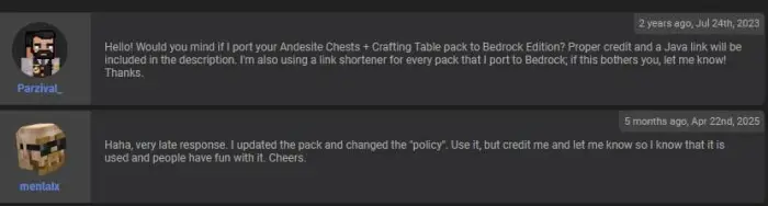 Two users discuss texture pack permissions.