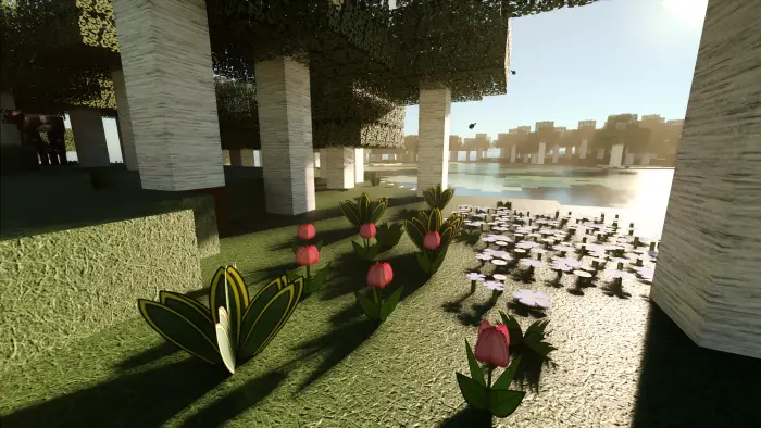 Realistic flowers and trees by a sunlit lake