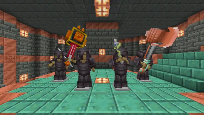 Four armored figures display unique weapons.