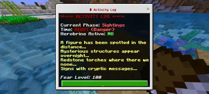 Activity log showing horror event details