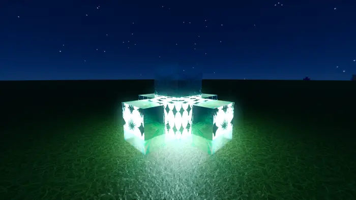 Glowing patterned blocks under a night sky