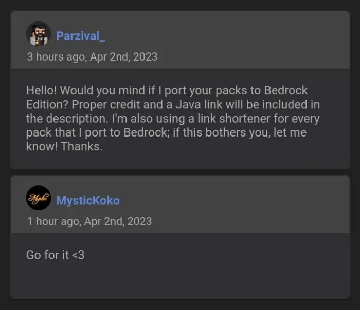 Two users discuss porting texture packs.