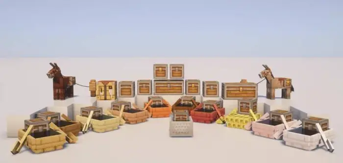 Andesite chests, crafting table, and boats