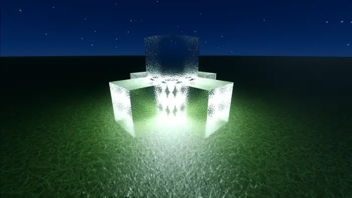 Glowing glass structure on grassy terrain