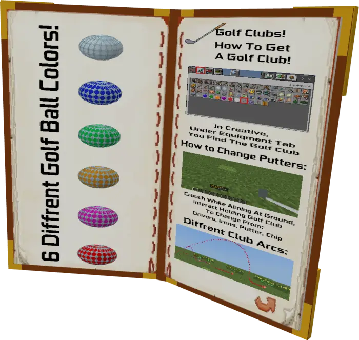 Open book showing golf balls and club guide