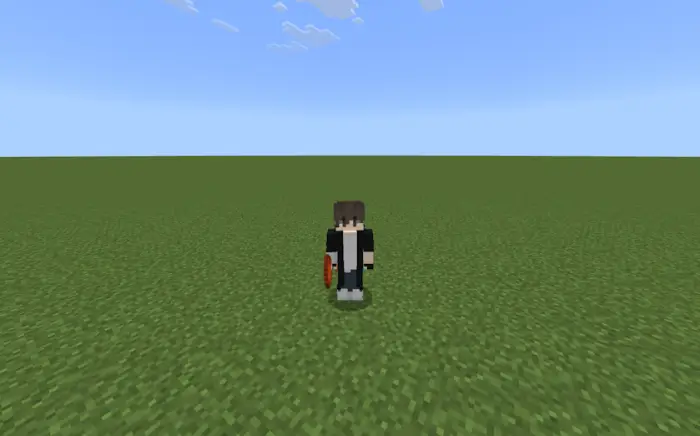 Character holding a silly item on grass field