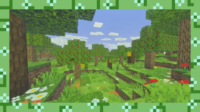 Lush forest with fruit trees and flowers