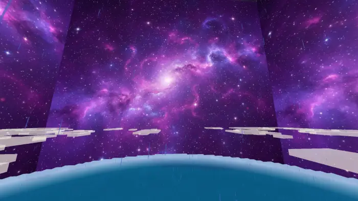 Purple galaxy-themed sky with floating clouds.