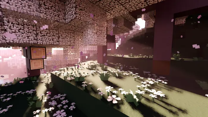 Sunlit cherry blossom forest with soft shadows