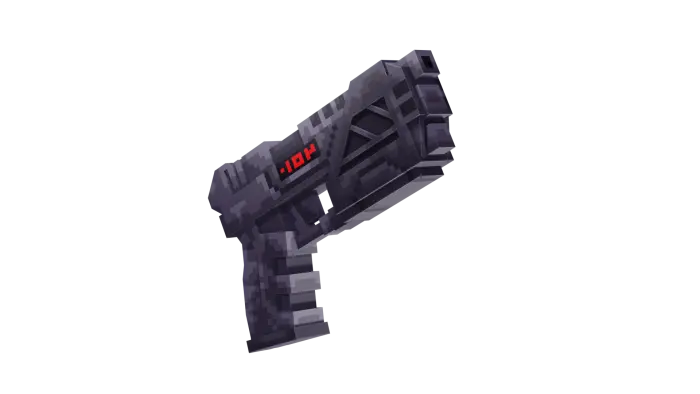 Pixelated 3D sci-fi handgun with red display