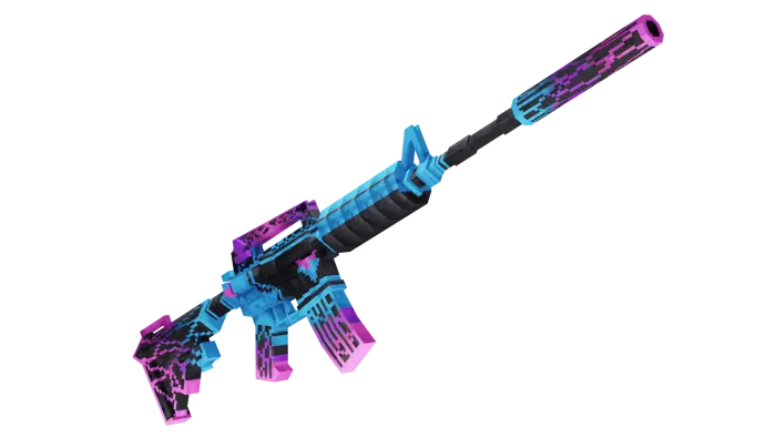 Neon blue and purple pixelated rifle design