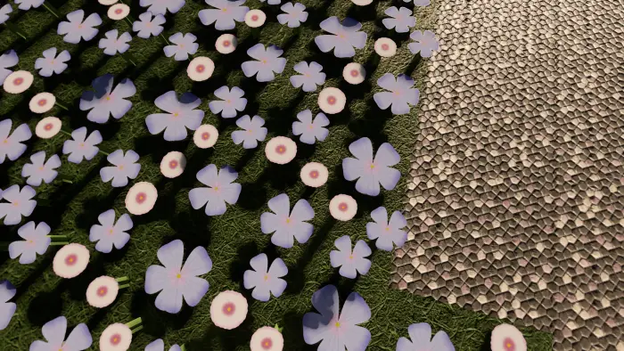 Purple flowers on grass next to stone path