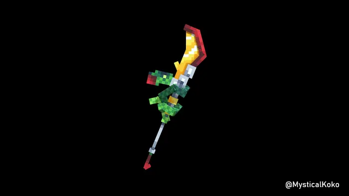 Pixelated spear with golden blade and green hilt