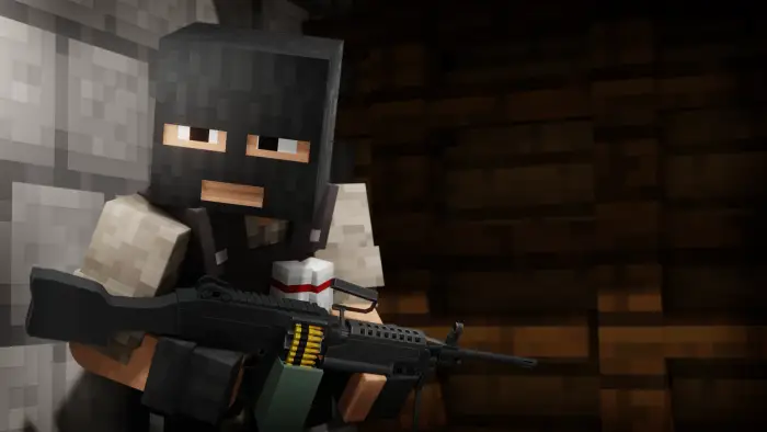 Blocky character holds a detailed 3D machine gun.