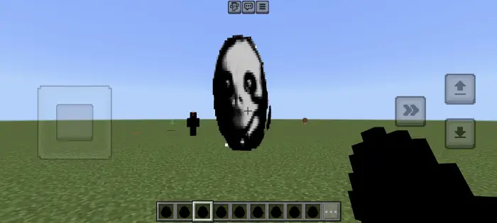 ALT text Distorted face entity floats on grass field