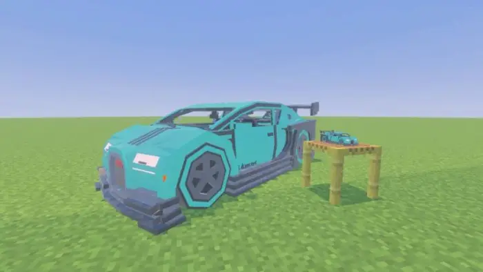 Blocky blue sports car with mini model display