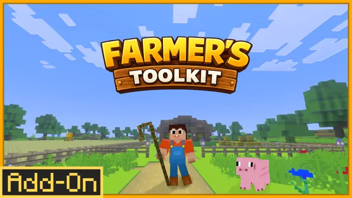 Cartoon farmer with tools and pig on a farm