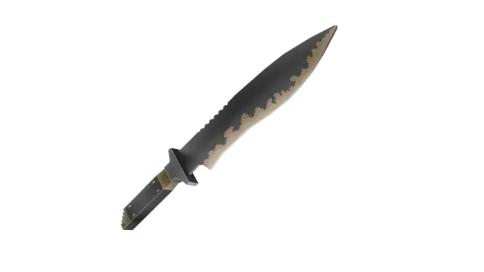 Curved, jagged-edged fantasy dagger.