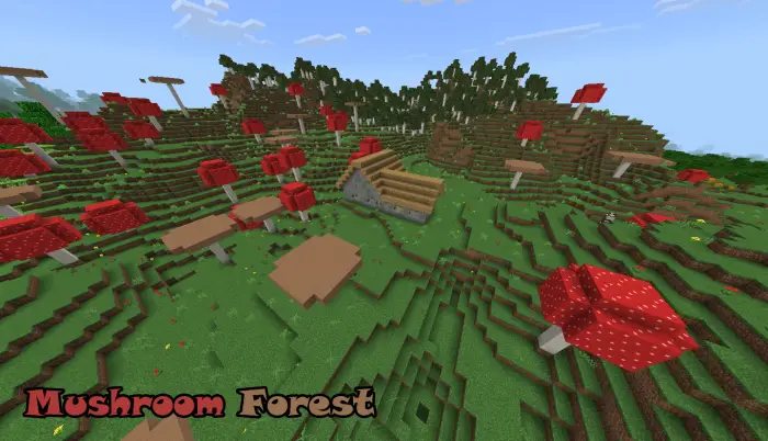 Large red mushrooms and a small cabin