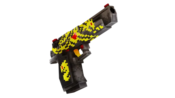 Pixel-style pistol with yellow graffiti design