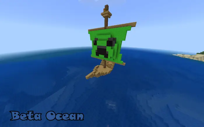 Wooden sailboat with green pixelated sail