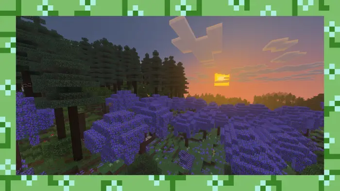 Purple forest biome at sunset with tall trees