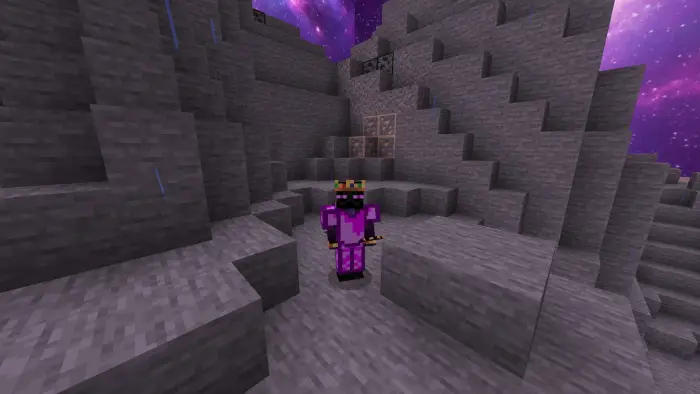 Player in purple armor on rocky terrain