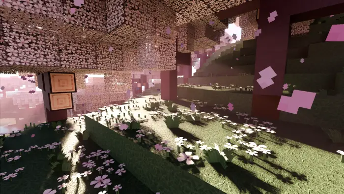 Pink forest with detailed flowers and sunlight