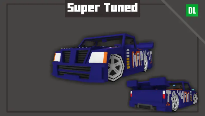 Blue pixel car with racing decals, front and rear