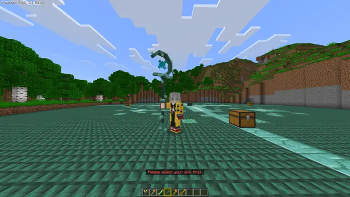 Player stands on patterned ground with chest nearby