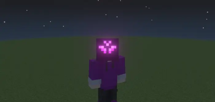 Avatar with glowing purple pixel hat at night