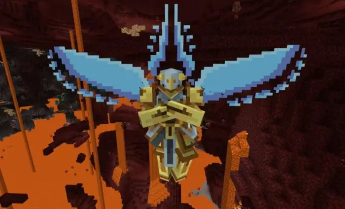 Pixelated angelic boss with blue wings