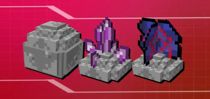 Pixel art stones and crystals on red background