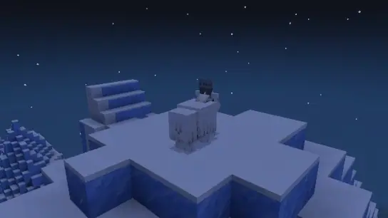 Player rides goat on snowy mountain at night.