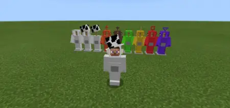 Group of colorful 3D Teletubby mobs standing