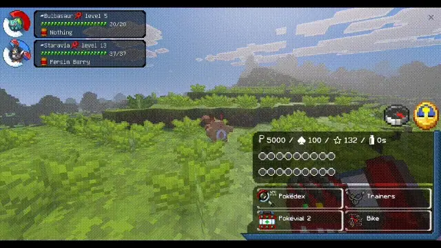Pok&eacute;mon battle HUD with grassy landscape