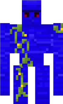 Blue golem with glowing red eyes and vines