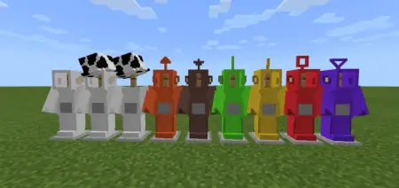 Nine colorful Teletubby mobs standing in a row.
