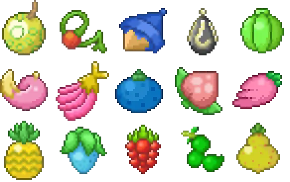 Various colorful pixel fruit and berry icons