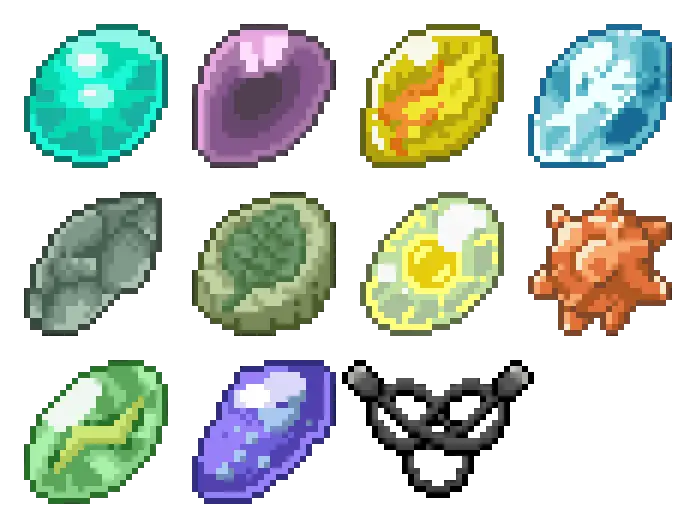 Pixel art evolution stones and items.