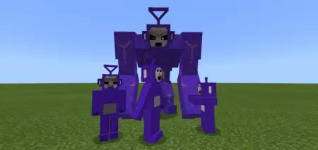 Four scary purple teletubby monsters standing.