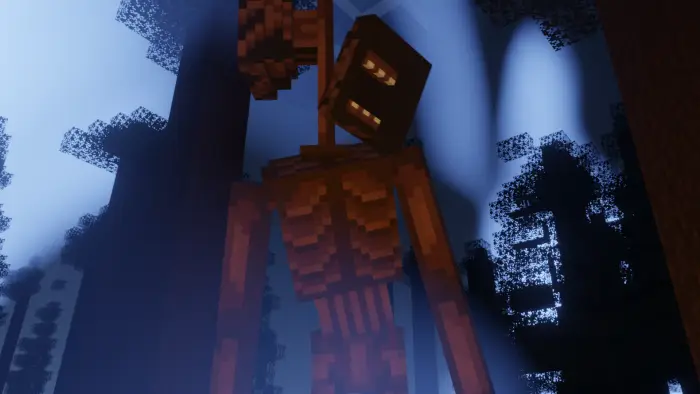 Blocky Siren Head figure in a dark forest