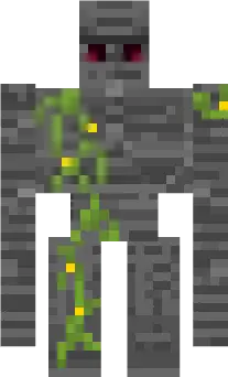 Stone golem with glowing red eyes and vines