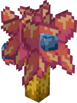 Pixelated red and yellow creature with blue gem