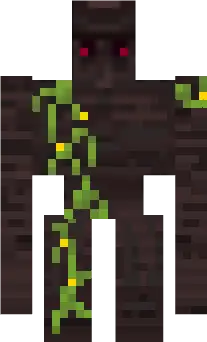 Dark golem with glowing red eyes and vines